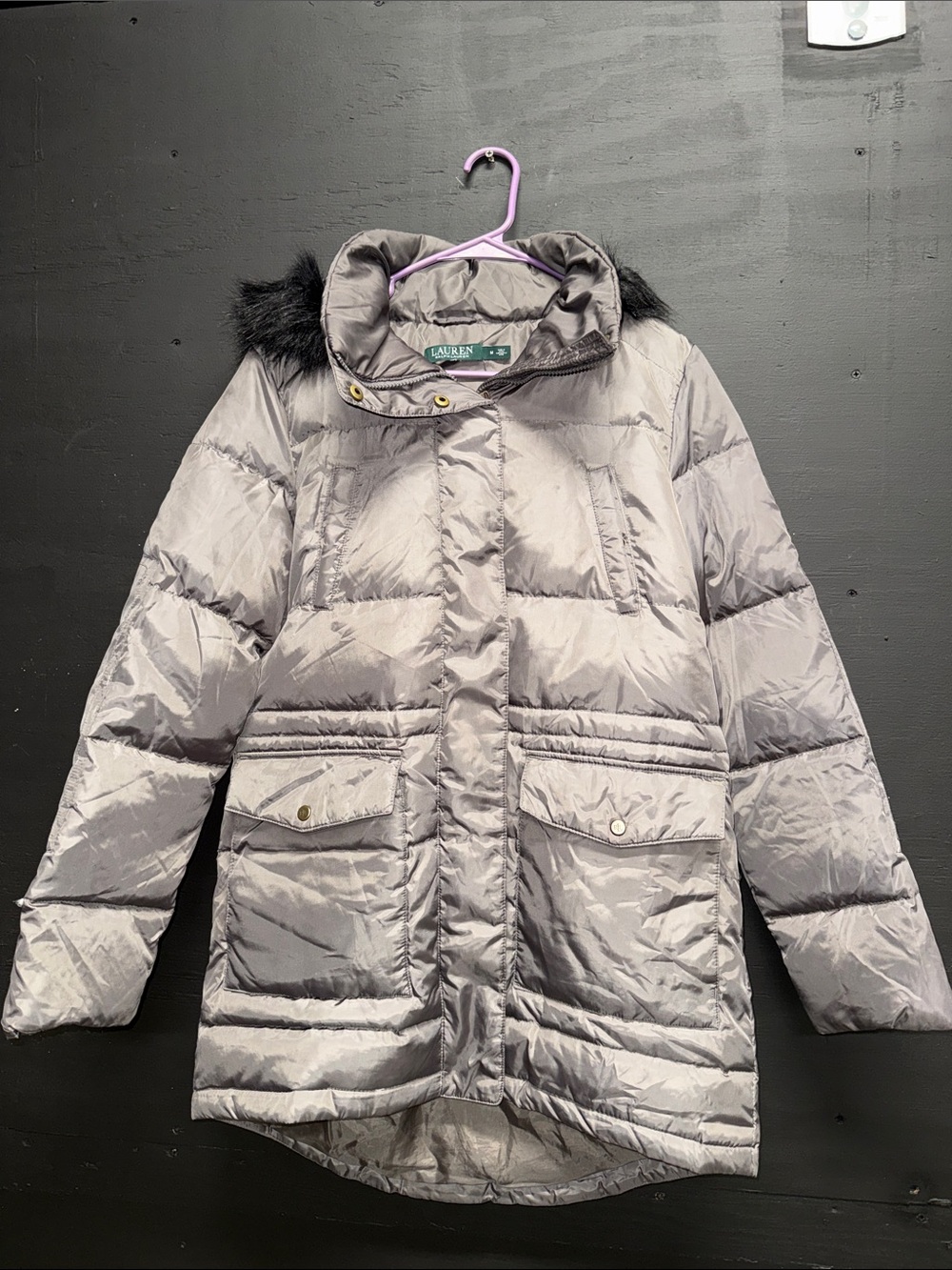 Lauren Ralph Lauren Light Gray Quilted Puffer Coat with Faux Fur Trim